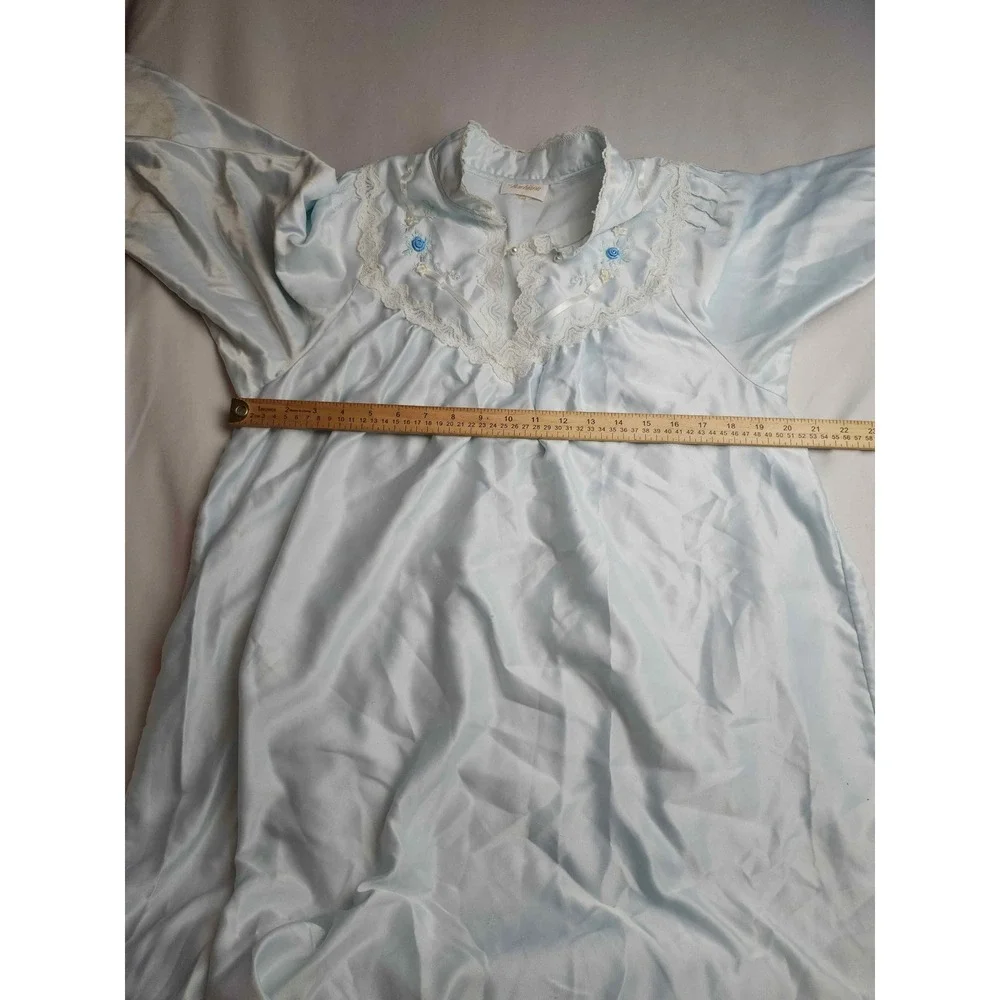 Vintage Barbizon Light Blue Satin Nightgown Lace Floral Embroidery Long Sleeve M